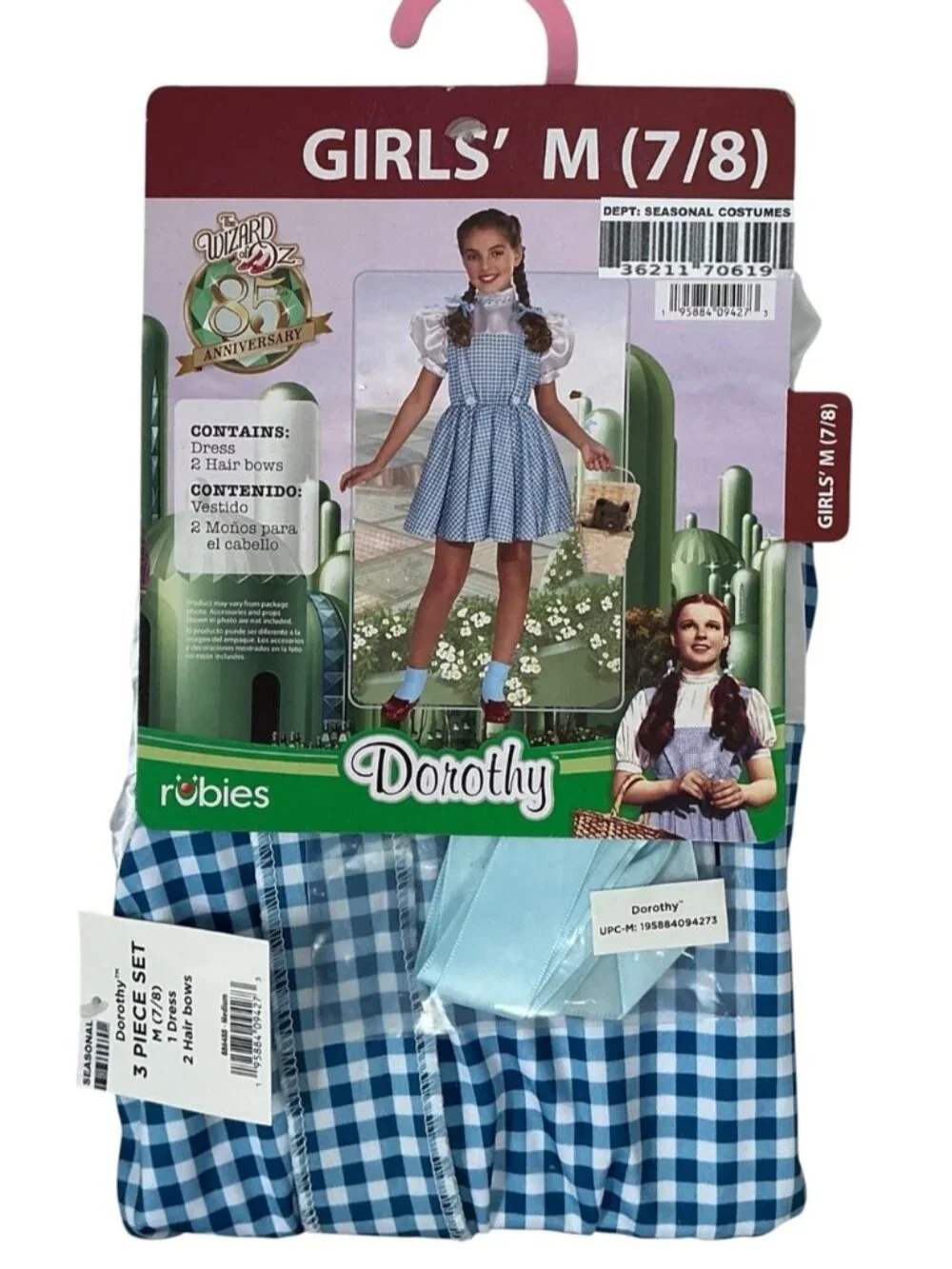 Wizard of Oz Dorothy Costume Dress Blue White Gingham Hair Bows Girls Medium 7-8 - Picture 7 of 16